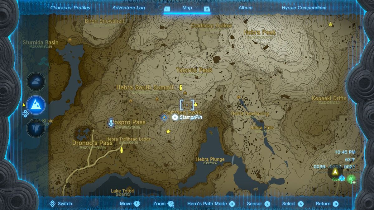 The map location of the Talonto Peak Cave in Zelda: Tears of the Kingdom