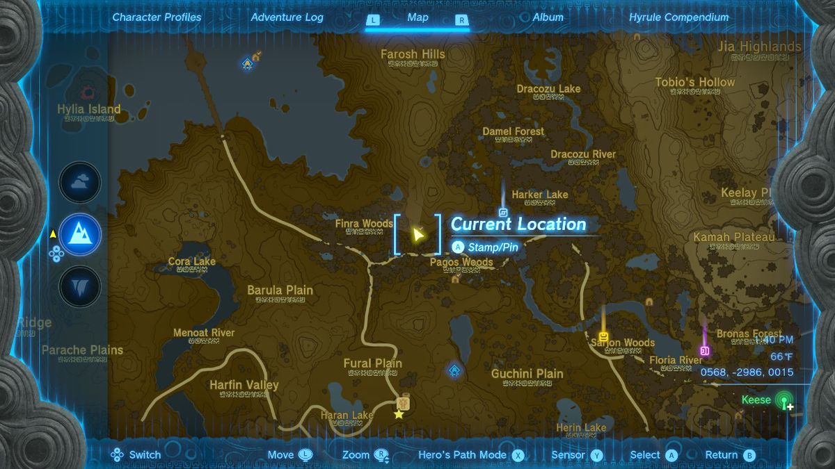 The map location of Finra Woods Excavation Site in Zelda: Tears of the Kingdom