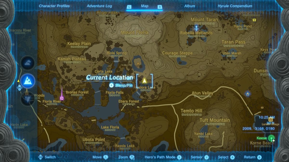 The map location of Calora Lake Cave in Zelda: Tears of the Kingdom