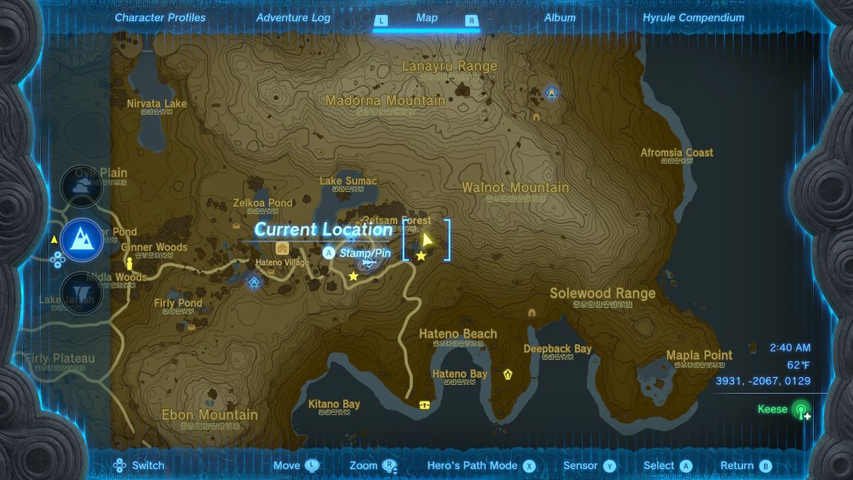 The map location of Walnot Mountain Cave in Zelda: Tears of the Kingdom