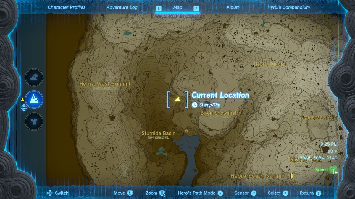 The map location of East Biron Snowshelf Cave in Zelda: Tears of the Kingdom