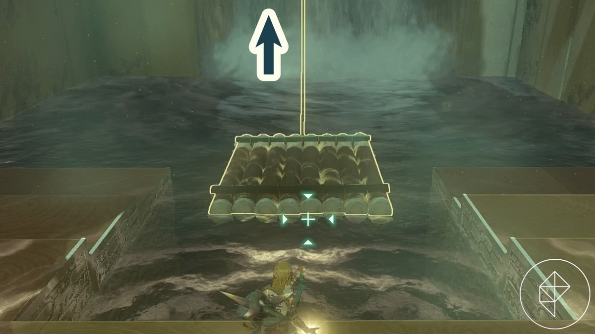 Länk tillbakaspolningstid på en flotte som föll av ett vattenfall i Nachoyah Shrine i Legend of Zelda Tears of the Kingdom