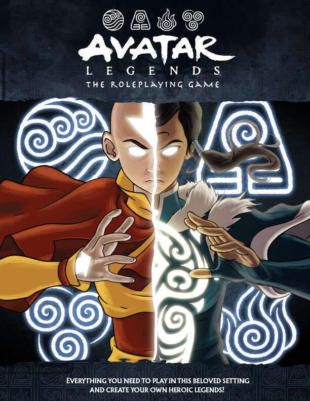 Omslagsbild för Avatar Legends: The Roleplaying Game innehåller flera benders som gör sitt.