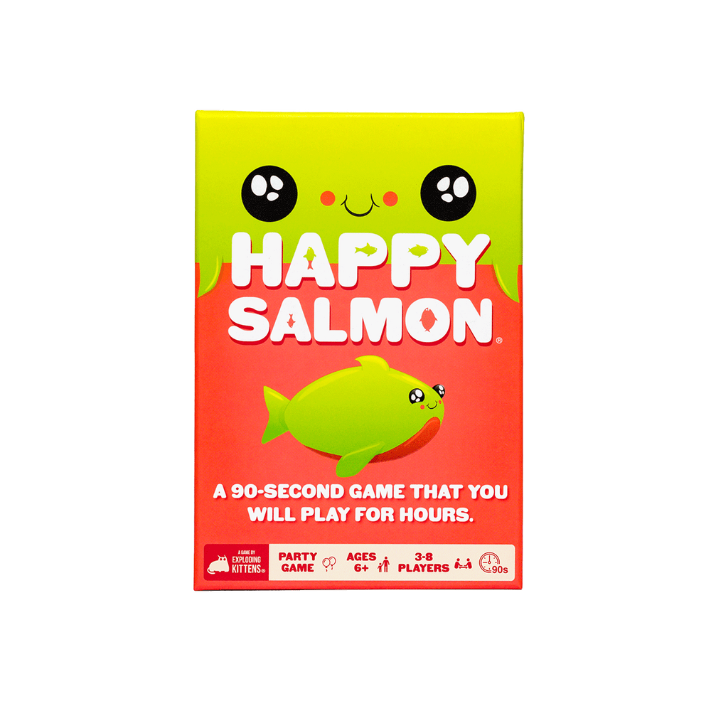 Boxen till Happy Salmon som är grön och röd med en glad lax på.  Det står att det är 