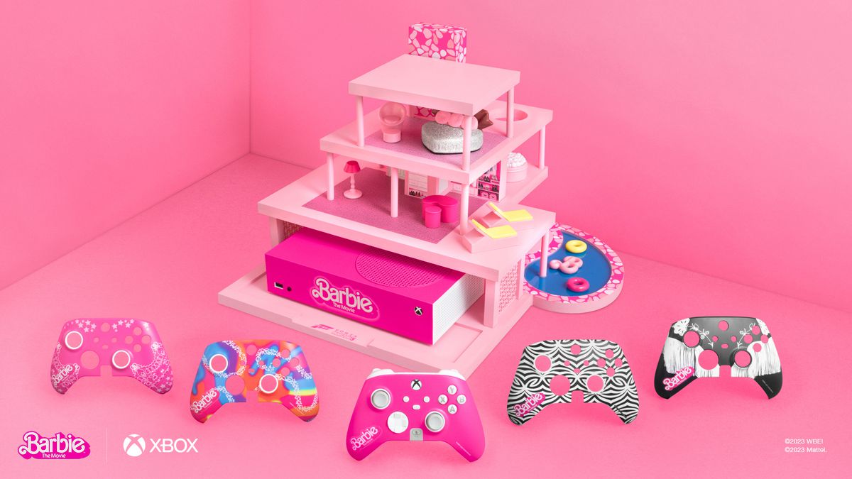 Kampanjbild av en Xbox Series X med Barbie DreamHouse-tema, med fem olika frontpaneler för konsolens kontroller