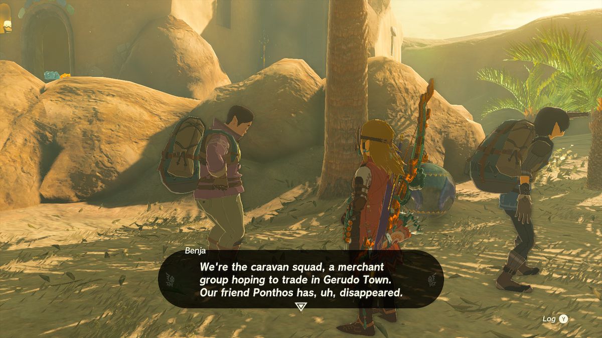 Benja berättar för Link om Ponthos, en vän som plötsligt försvann i Zelda: Tears of the Kingdom
