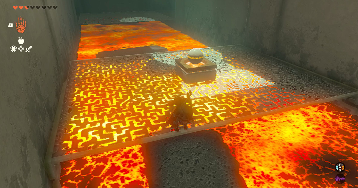 The Legend of Zelda: Tears of the Kingdom's Timawak Shrine — Länk som står på en plattform över en eldgrop
