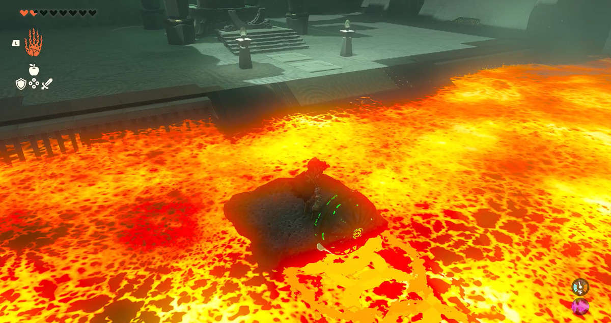 Link åker båt över en eldgrop i The Legend of Zelda: Tears of the Kingdom's Timawak Shrine