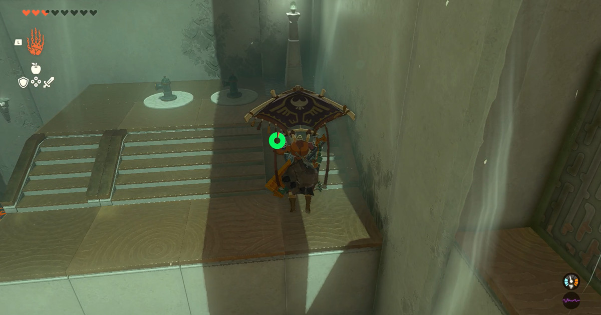 Link med sitt glidflygplan för att ta sig upp till en hög plats i The Legend of Zelda: Tears of the Kingdom's Timawak Shrine