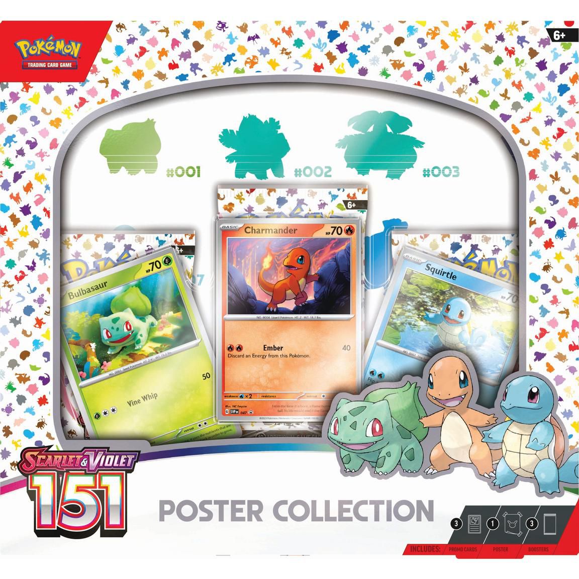 En låda med affischsamlingen Pokémon Scarlet och Violet: 151 Collection TCG, inklusive tre kort av Bulbasaur, Charmander och Squirtle.