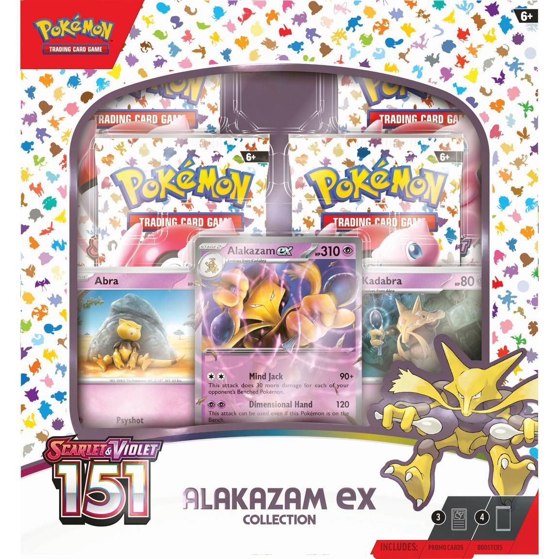 Boxen med Pokémon Scarlet och Violet: 151 TCG Alakazam ex-kollektion, som innehåller Alakazam evolution-linjen.