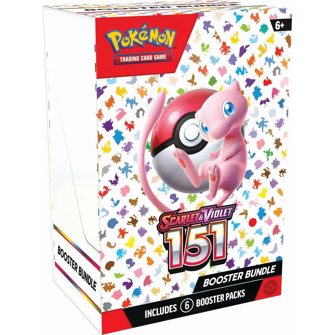 En mindre låda med Pokémon Scarlet och Violet: 151 Collection TCG boosterpack med mew och många andra Pokémon-silhuetter på framsidan av lådan