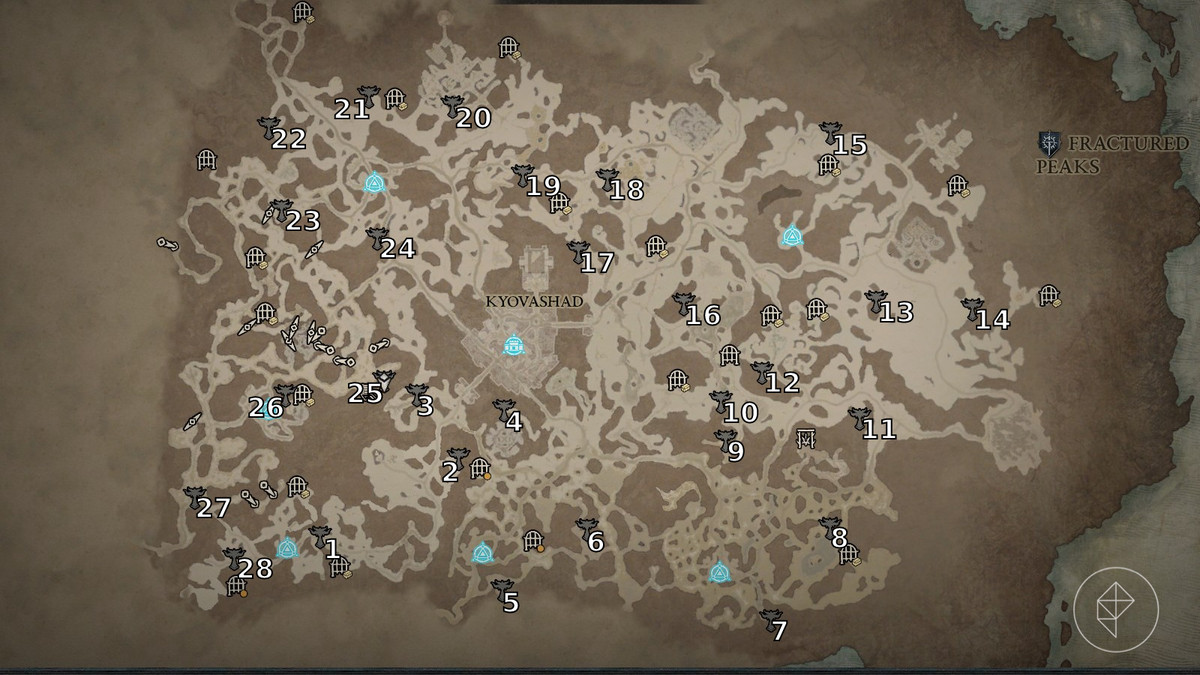 All Altar of Lilith locations in the Fractured Peaks of Diablo 4 / IV depicted on an annotated map.