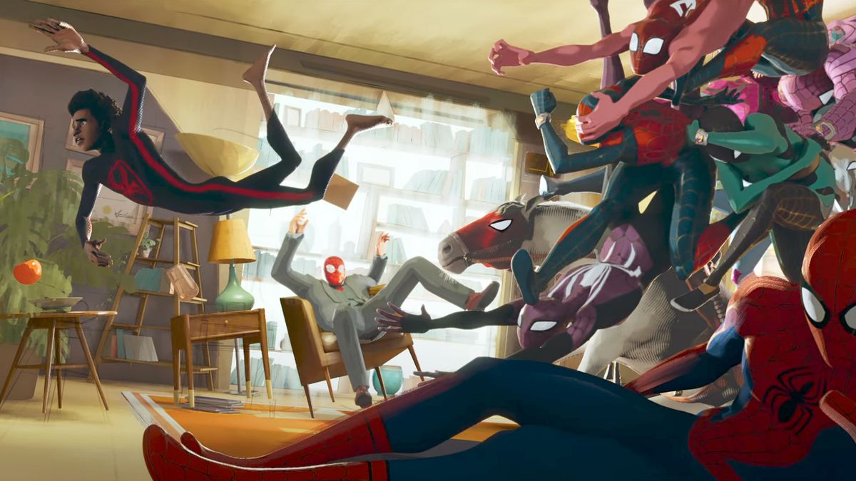 Miles Morales jagas av ett team av Spider-Men genom en psykiaters kontor i en stillbild från Spider-Man: Across the Spider-Verse