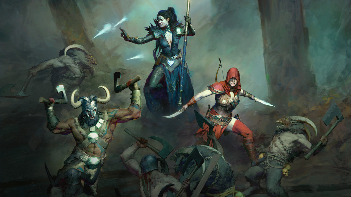 Diablo 4s klasser Necromancer, Barbarian och Rogue slåss mot fiender