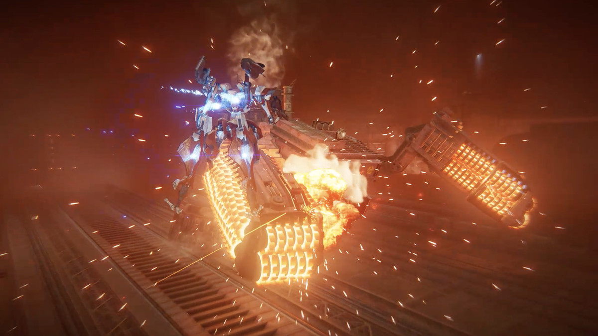 En bild av en bosskamp i Armored Core 6 Fires of Rubicon.  Chefen ser ut som en gigantisk brinnande roomba av döden.