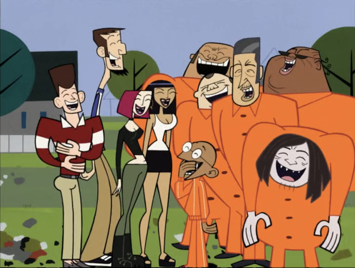 JFK, Abe, Joan, Cleo och Gandhi skrattar med några fångar i orange jumpsuits