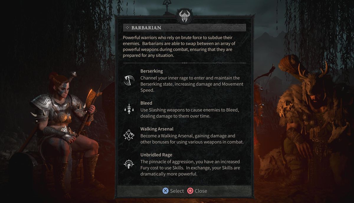 En barbar sitter bredvid en beskrivning av barbarklassen i Diablo 4.
