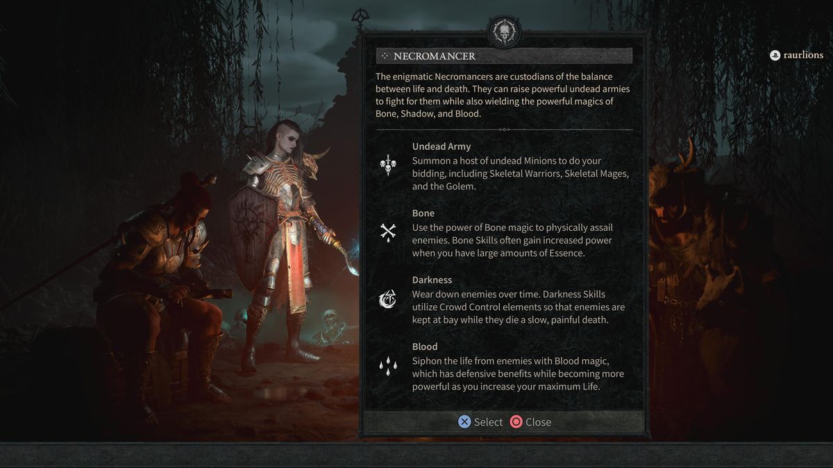 En necromancer står vid en lägereld bredvid en textbeskrivning av necromancer-klassen i Diablo 4.