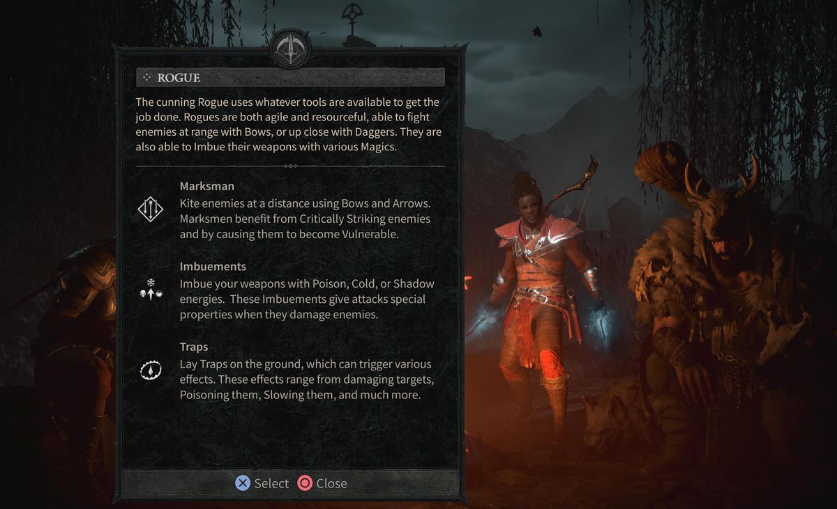 En skurk står bredvid en beskrivning av skurkklassen i Diablo 4.