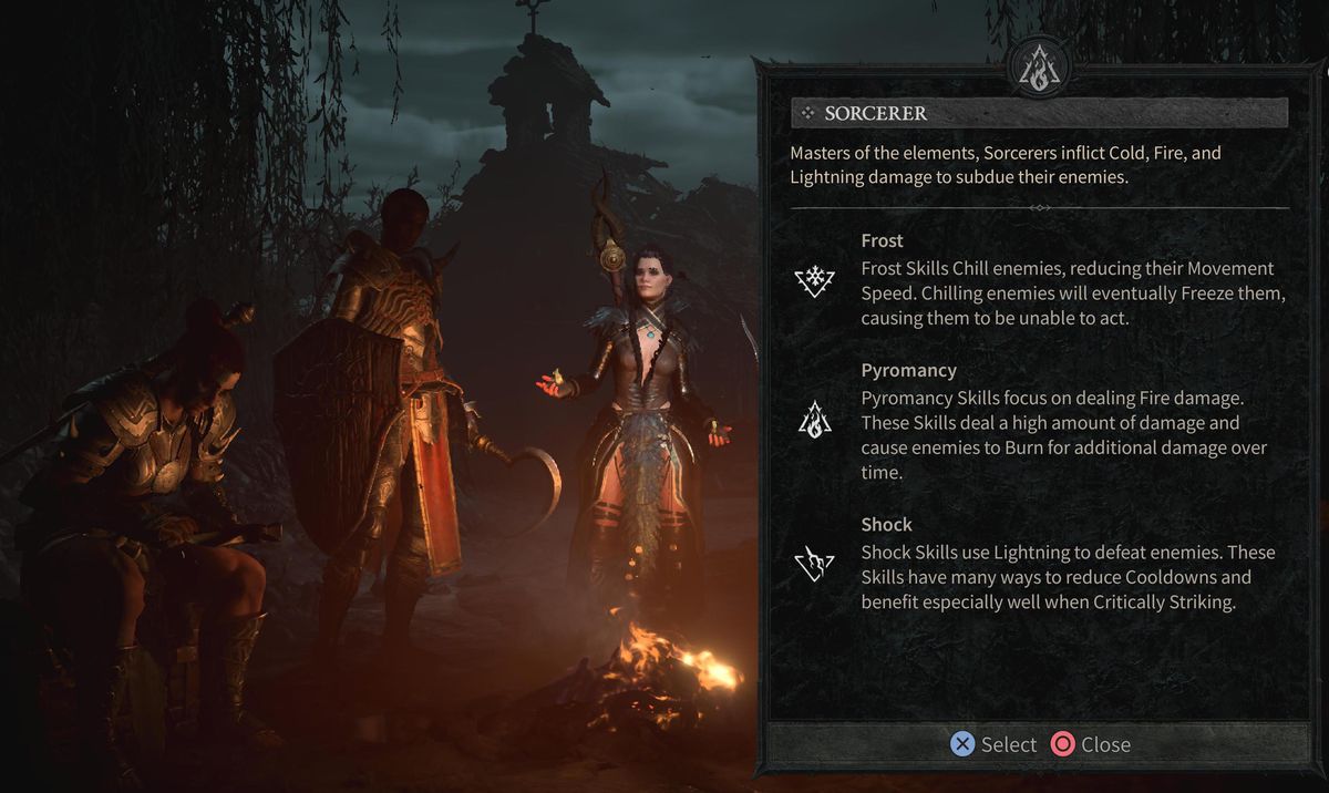 En trollkarl står bredvid en verbal beskrivning av trollkarlsklassen i Diablo 4.