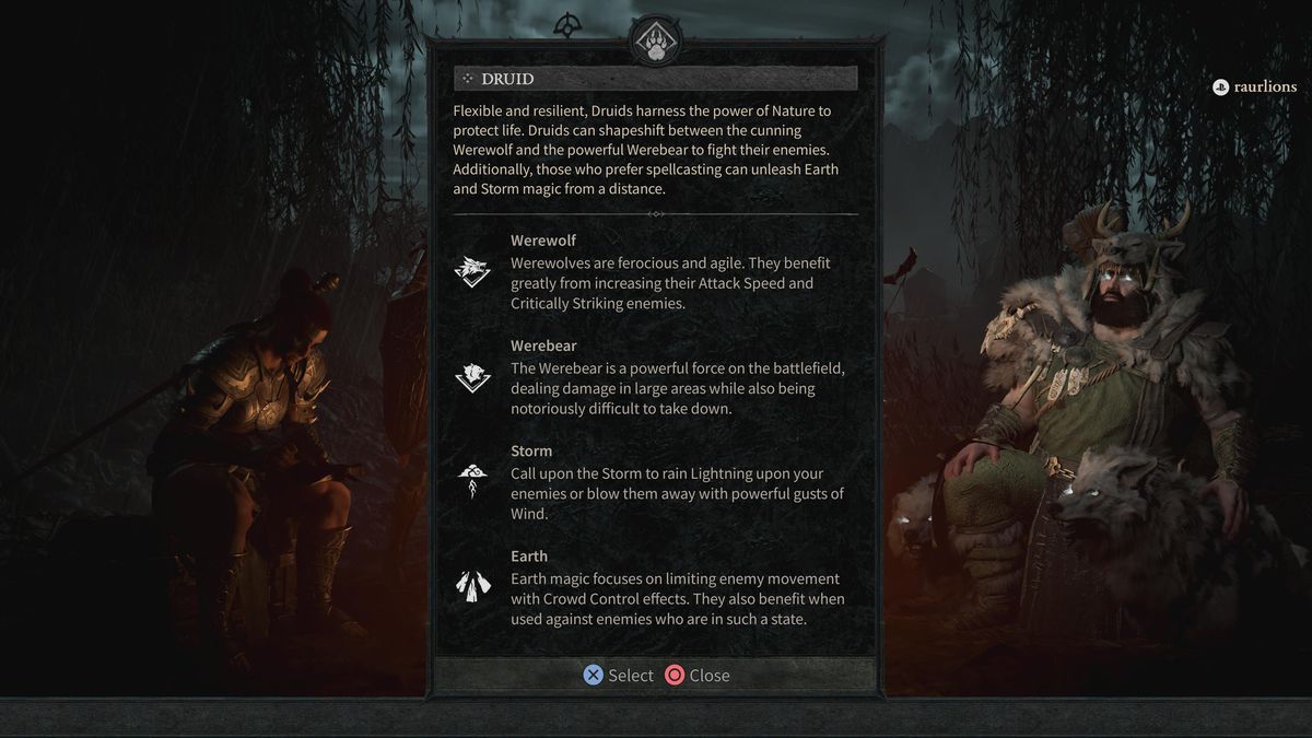 En druid sitter vid en lägereld bredvid en textbeskrivning av druidklassen i Diablo 4.
