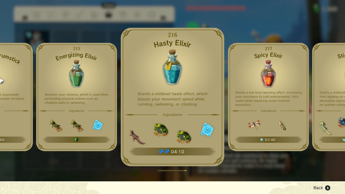 En skärmdump av elixirreceptboken i Zelda: Tears of the Kingdom, som framhäver Hasty Elixir