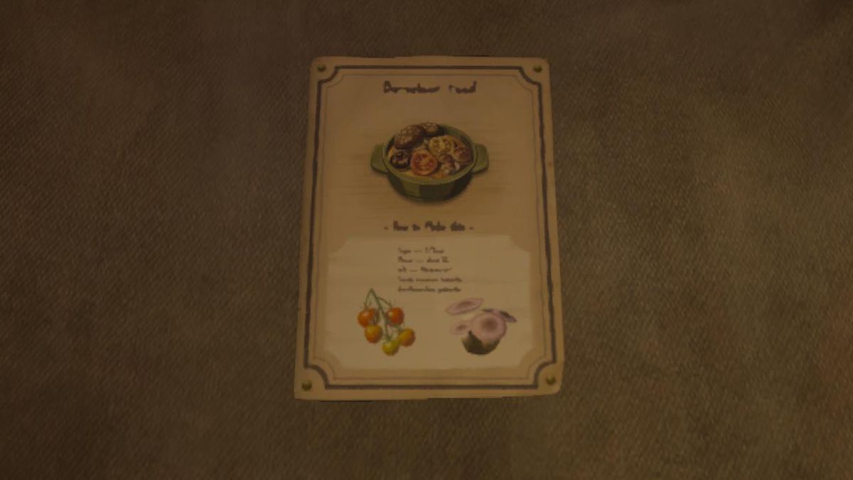 Ett foto av ett recept i ett stall i Zelda: Tears of the Kingdom