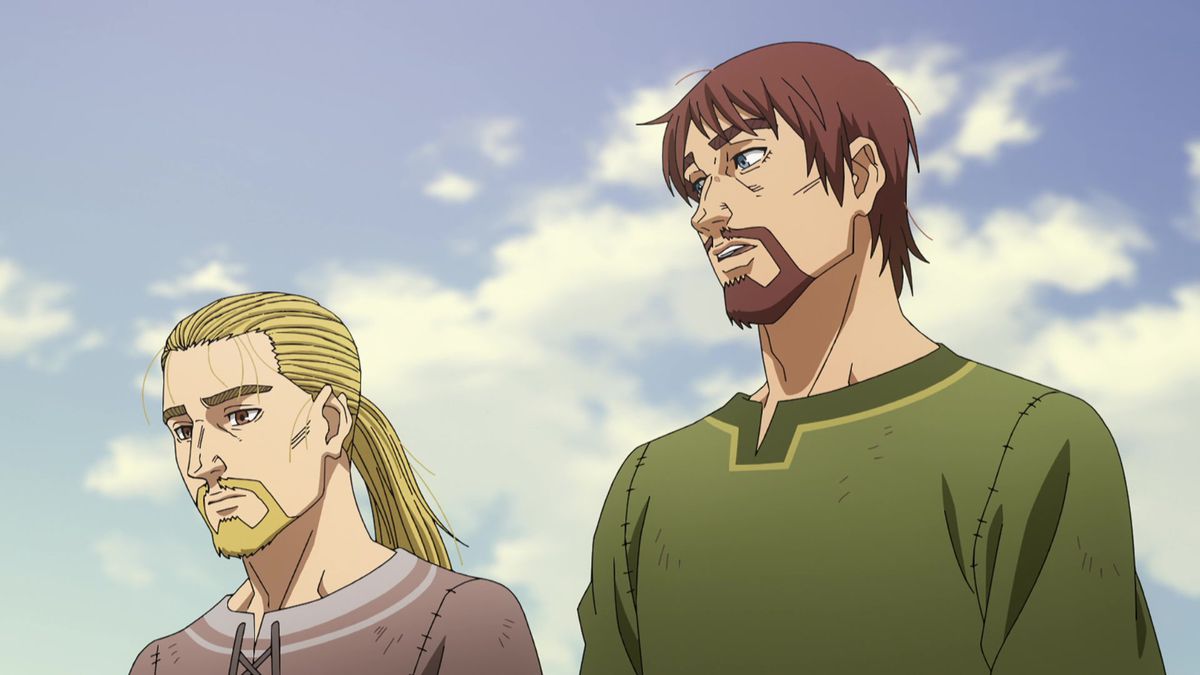 Thorfinn och Einar går och pratar i en stillbild från Vinland Saga säsong 2