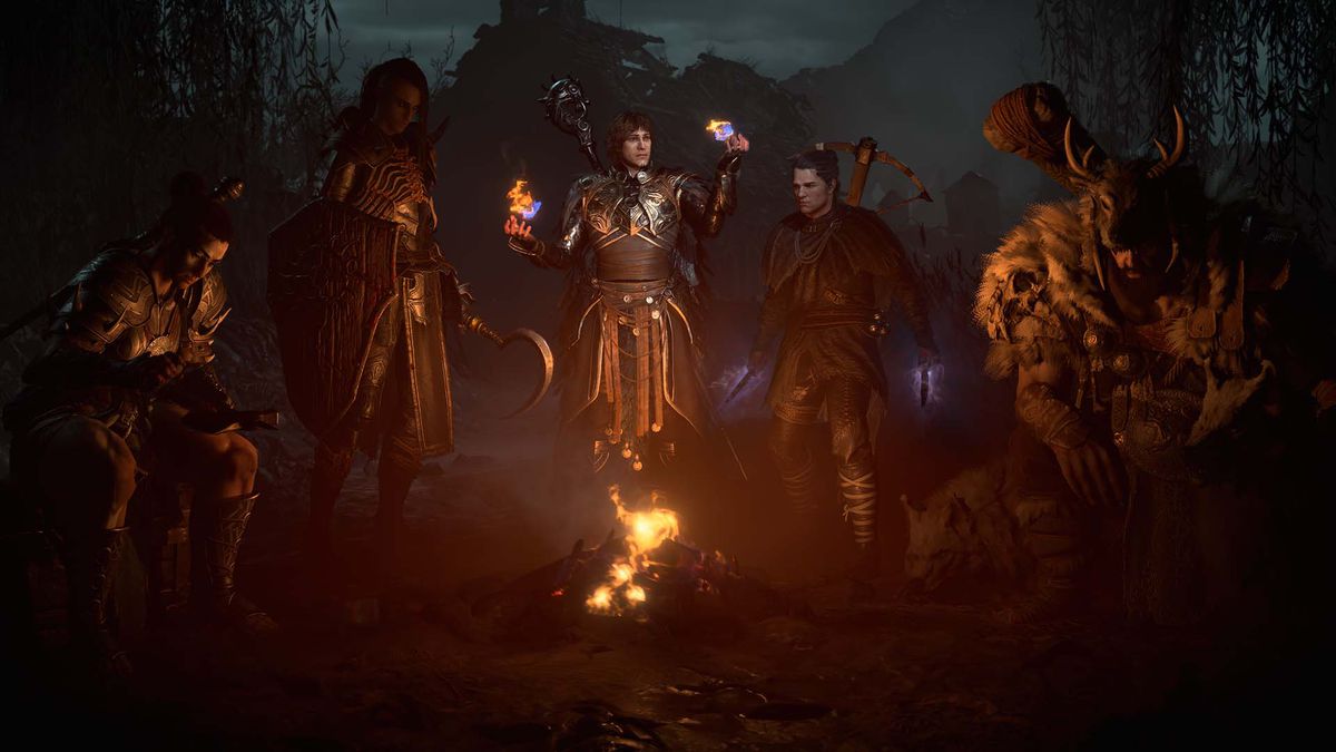 Diablo 4:s fem karaktärsklasser hänger runt en eld, med en barbar till vänster, till en Necromancer, till en Sorcerer, till en Rogue och Druiden längst till höger