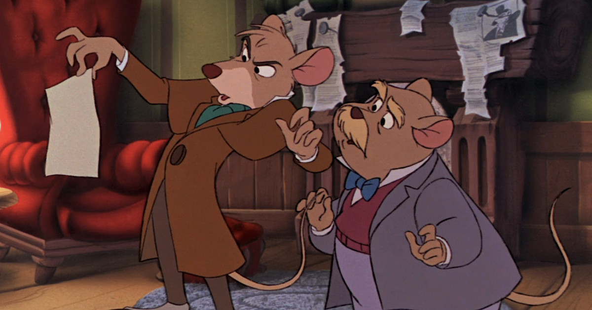 Basil, the Sherlock Holmes-esque mouse in The Great Mouse Detective, holds up a piece of paper with apparent disgust, as his assistant Dawson looks on, perplexed