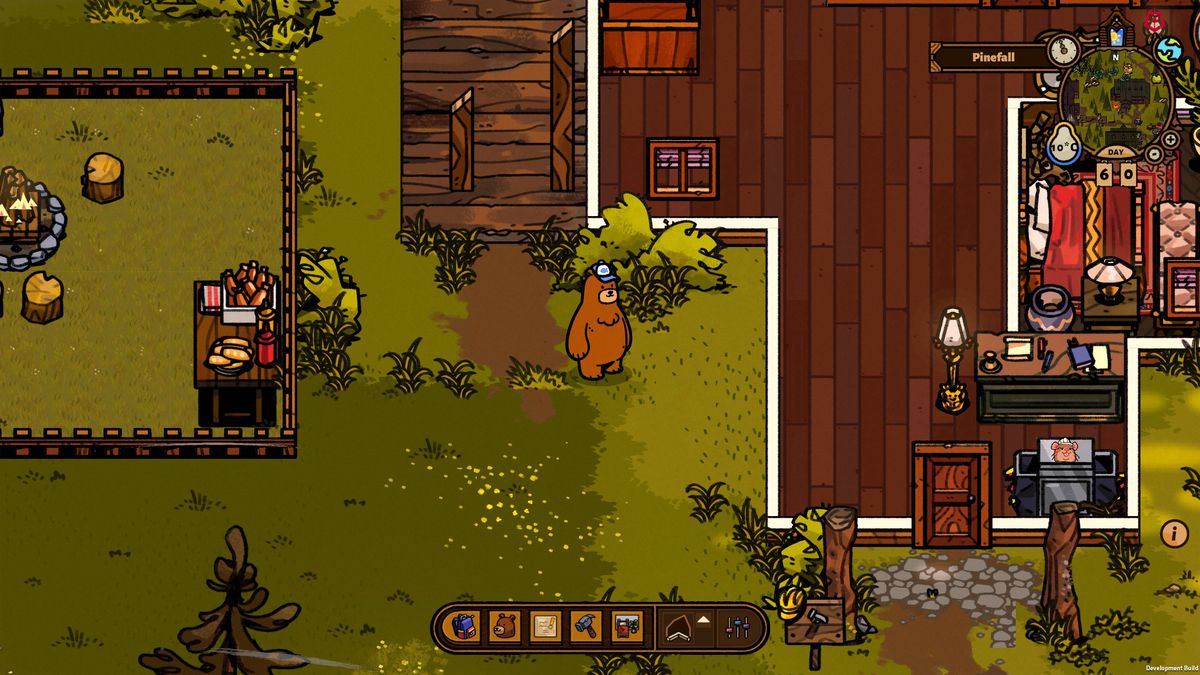 En tecknad björn som står utanför en byggnad bär en hatt i björn och frukost