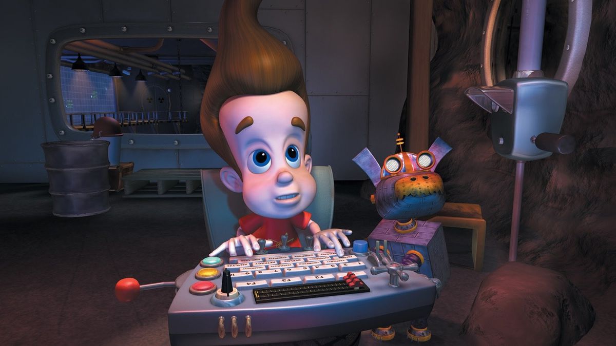 Jimmy Neutron, boy genius, looking very concentrated with his robot dog at his side