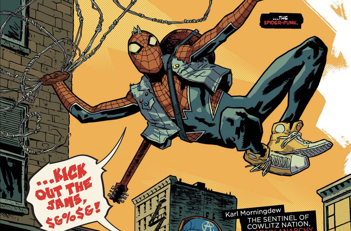 Spider-Punk swings across the city, his Spider-Man costume accessorized with yellow sneakers, a sleeveless denim jacket, mohawk spikes, and an electric guitar on his back, in Spider-Punk #1 (2022). 
