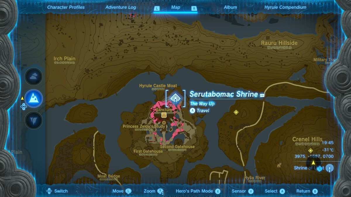 En karta visar platsen för Serutabomac Shrine i Zelda Tears of the Kingdom.