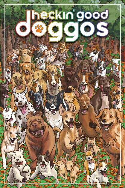 Omslaget till Heckin' Good Doggos är bara ett gäng glada hundar som springer ut ur skogen.