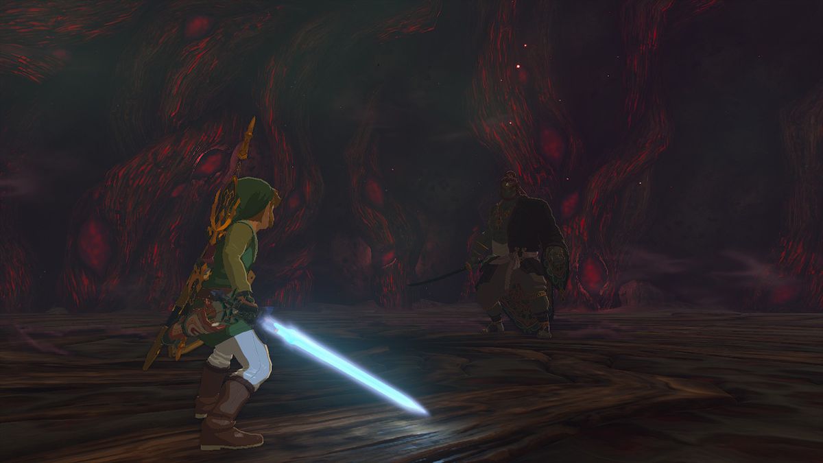 Link faces off against Ganondorf in a circular arena in Zelda Tears of the Kingdom’s final boss battle.