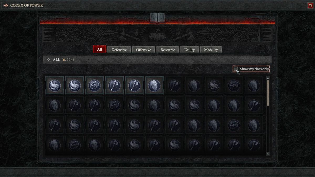 Codex of Power som visar alla aspekter du äger i Diablo 4/IV.  Rutnät med många ikoner.  Defensiv, offensiv, resurs, nytta, rörlighet.