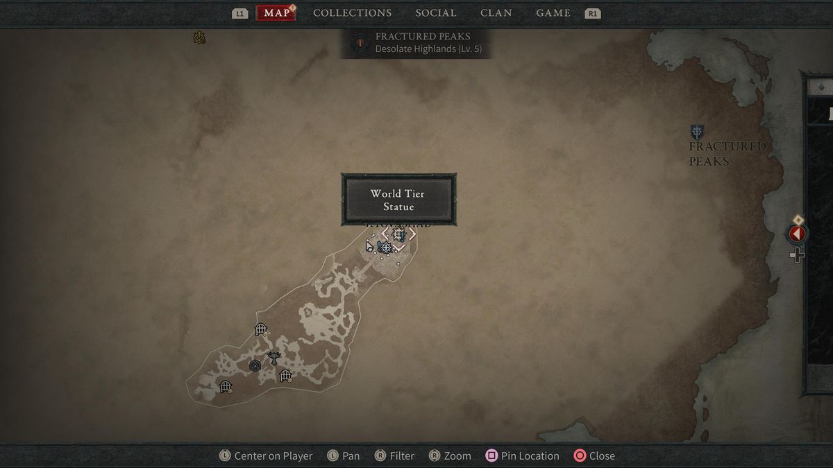 En Diablo 4-karta visar platsen för World Tier Statue i Kyovashad.