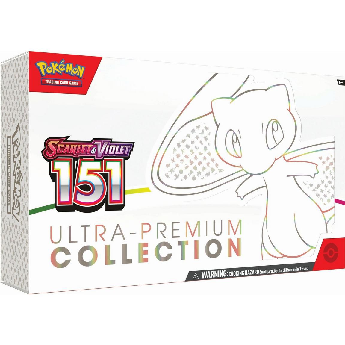 En stor låda med Pokémon Scarlet och Violet: 151 Collection TCG med Mew presenterad på framsidan