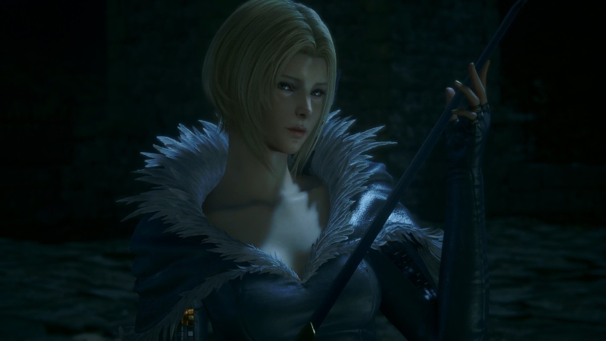 Benedikta håller sitt svärd i Final Fantasy 16