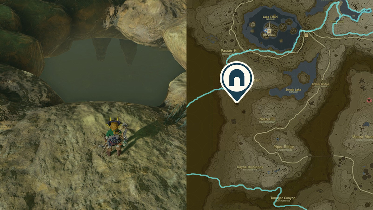 Ingången till Gisa Crater Cave i Tabantha Frontier, som finns på västra sidan av Hyrule i The Legend of Zelda: Tears of the Kingdom.