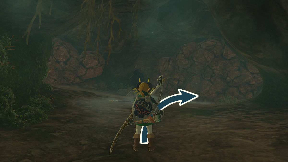 Förstör klippväggarna till höger om Crenel Peak Cave för att gå mot Jojon Shrine i The Legend of Zelda: Tears of the Kingdom.