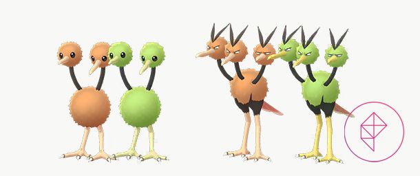 Normal och glänsande Doduo och Dodrio.  Istället för bruna är de blanka formerna limegröna.