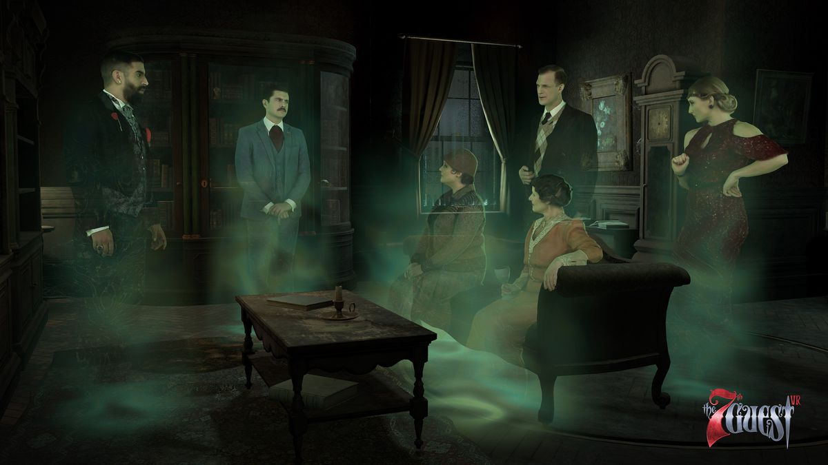 En sextett av spöken, inklusive Martine Burden, Brian Dutton och Edward och Elinor Knox, samlas i ett vardagsrum i en skärmdump från The 7th Guest VR.