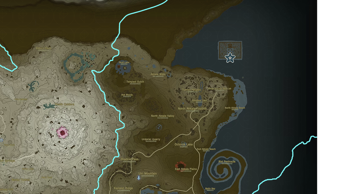 Lomei Labyrinth Island som visas på TOTK-kartan, markerad med en stjärna.