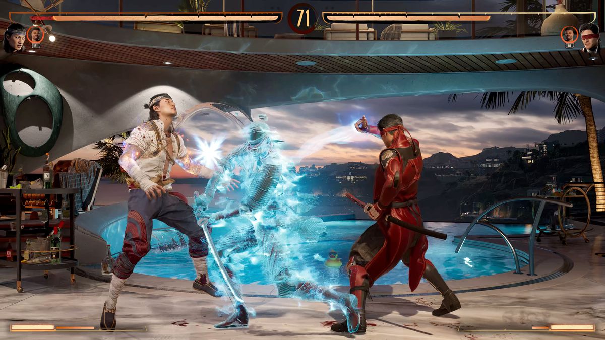 Kenshi attackerar Liu Kang på Johnny Cages husscen i en skärmdump från Mortal Kombat 1