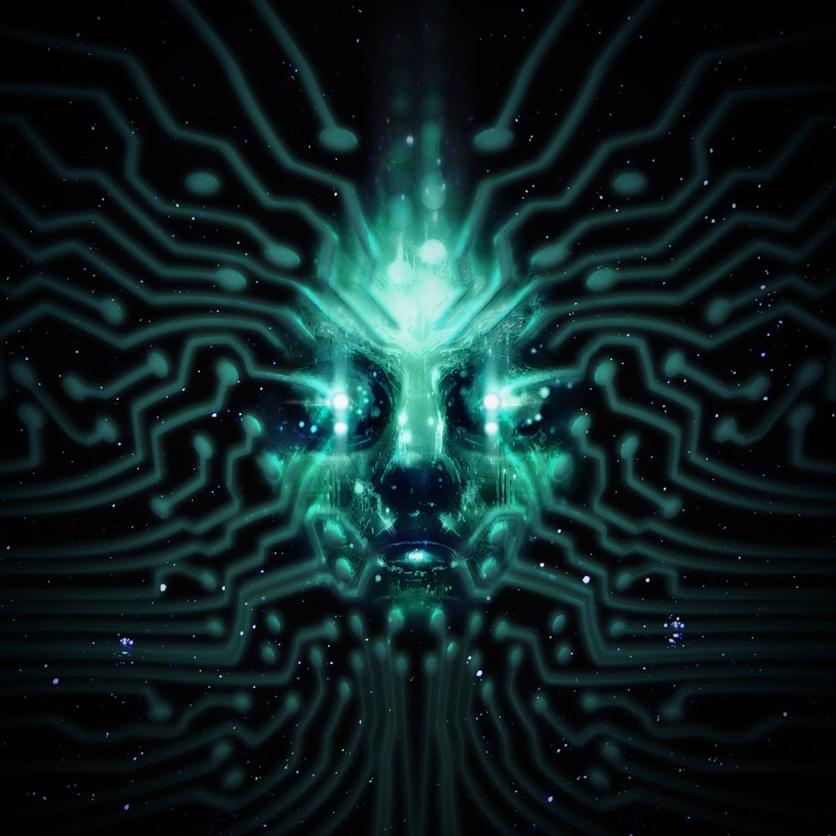 SHODAN, den onda AI:n i System Shock-remaken, visas som en serie digitala vägar över en hel bild