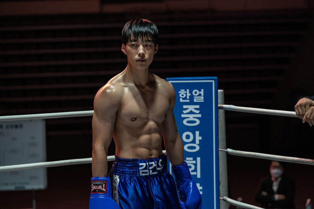 Woo Do-hwan står i en boxningsring, iklädd blå koffertar och handskar, i Bloodhounds