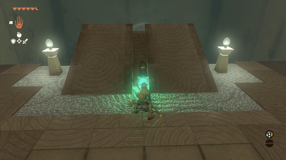 En bild av Link i Oromuwa-helgedomen i The Legend of Zelda: Tears of the Kingdom.  Han avfyrar en raket från en ramp.